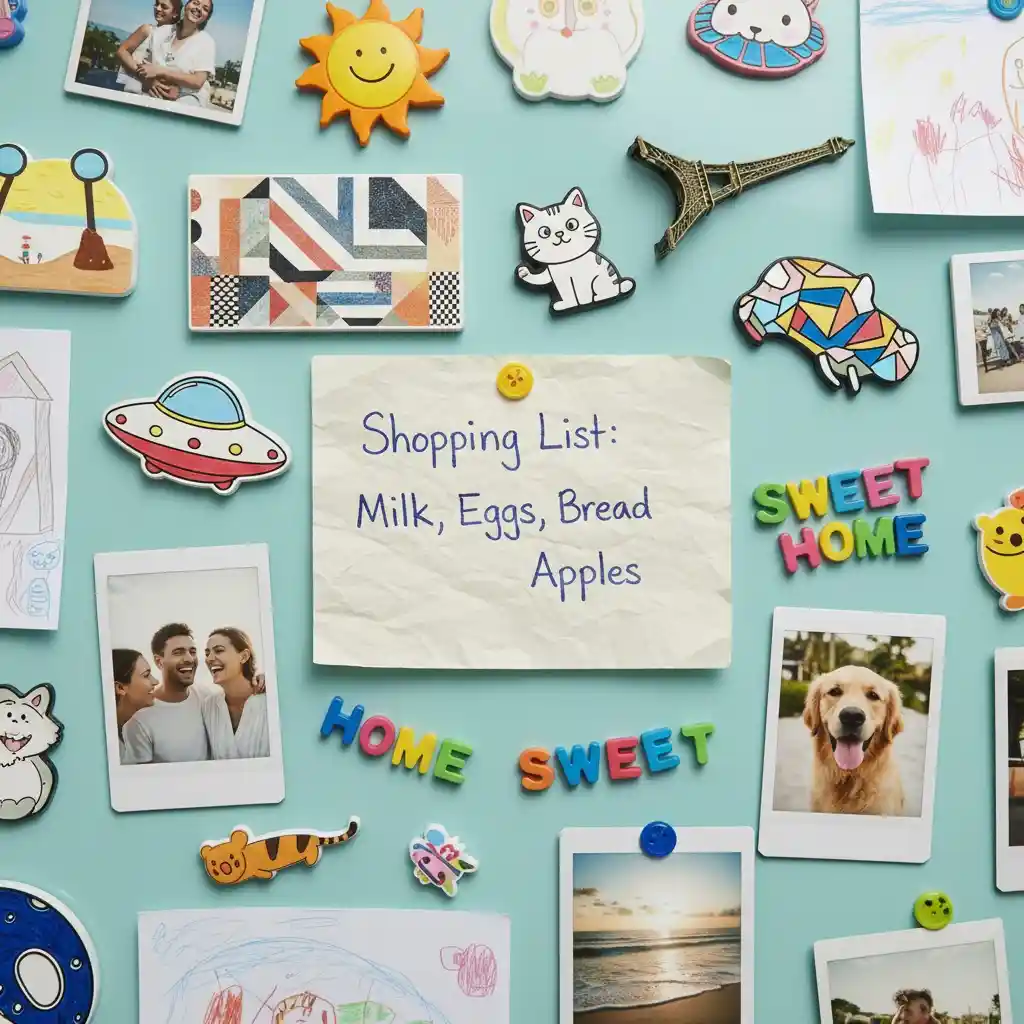 a sticky note on the wall, surrounded by many photos